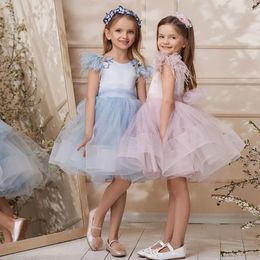 Girl Dresses Blue Flower Dress Knee Length Feathers Puffy Princess Gown For Kids Wedding Birthday First Communion Party 2024