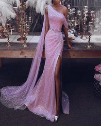 Elie Saab 2019 Prom Dresses One Shoulder Long Sleeve Sequined Evening Gowns Ankle Length Side Split Formal cocktail special occasi3168040