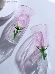 Wine Glasses Double Layer Rose Water Cup Girls Wine Glasses Coffee Milk Juice Glass Cup High Temperature Resistant Anti-Scald Cup Couple Gift L240323