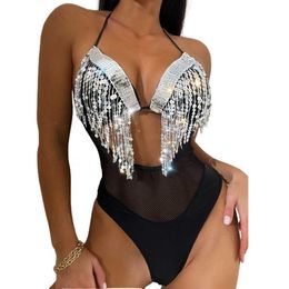 Wholesale Modest Swimwear Tassels Bathing Suits One Piece Luxury Bikinis Sexy Shiny Swimsuit for Women