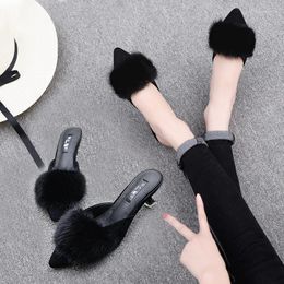 Slippers Korean Style Women Mules Sandals Mink Hair Slip On Flipflops Girls Shoes Summer Trendy Brand Outside 34-40 Size Slides