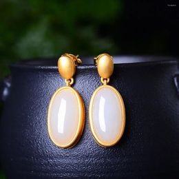 Dangle Earrings Vintage For Women Beautiful Classical Natural Hetian Jade Egg Surface Long S925 Sterling Silver Elegant Round