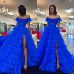 Royal blue a line prom dress puffy tiered skirt spaghetti off shoulder formal evening dresses elegant dresses for special occasions thigh split tulle robe de soiree