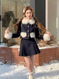 Work Dresses 2024 Autumn Winter Women Elegant Fur Collar Single Breasted Woolen Coat 2piece Set Female Korean Fashion Pleated Skirts Suit