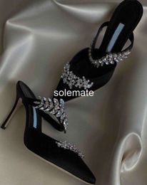 Luxury Sandals Shoes For Women High Heels Leaf Crystal-embellished Satin Mules Strappy Slippers Sexy Pointed Toe Brand Pumps EU35-40
