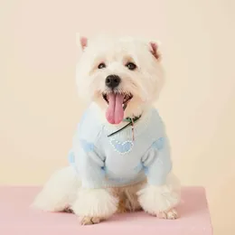 Dog Apparel Blue Base Sweater With Lovely Pearls Stitched In Heart Shape Design Cotton Pet 6 Sizes Available