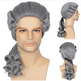 Wigs HAIRJOY Synthetic Hair Grey Colonial Wig Mens Powdered Wigs for Cosplay Judge Lawyer