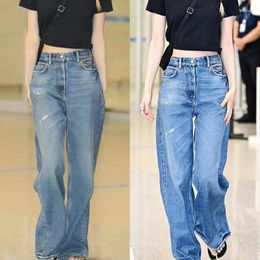 Women's Jeans Light Blue High Waist Loose Straight Casual 2024 Spring Summer Ladies Wide Leg Denim Long Pants