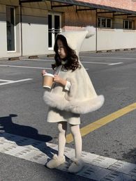 Clothing Sets Korean Winter Kids Girls 2PCS Clothes Set Cotton Hooded Fluffy Cape Coat Solid Bottom Skirt Babys Girl Outfit Toddler Suit