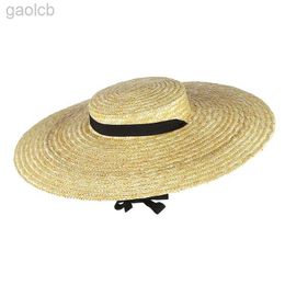 Wide Brim Hats Bucket Summer coarse straw hat flat top large tie wide womens fashionable beach buckets 24323