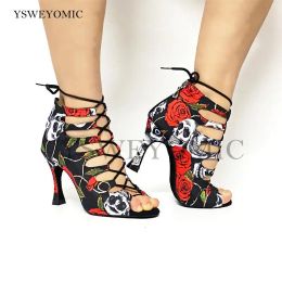 Boots 2021 Spring Summer Style Salsa Bachata Dance Shoes Girls Halloween Skull Latin Dance Boot 9cm Heel Women Latin Dance Shoes