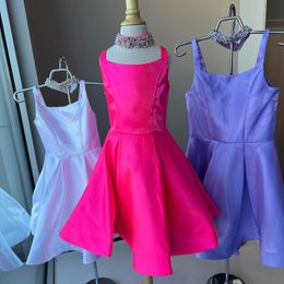 Girl Pageant Interview Dress with Crystal Choker Short Shimmer Satin Kid Birthday Formal Party Gown Toddler Teens Little Miss Rising Star On-Stage Fun Fashion Orchid