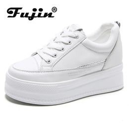 Fujin 7cm Microfiber Leather Women Casual Shoes White Platform Wedge Hidden Heel y Sneakers Skateboard 240313