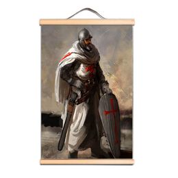 Nordic Style Wall Artwork Canvas Pictures Knights Templar Poster Wooden Scroll Hanging Painting Print Home Decor Living Room LZ01