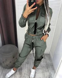 Women's Two Piece Pants Casual Set Women 2 Spring Summer Solid Color Pockets Design Ruched Zipper Coat And Slim Commuting Cargo