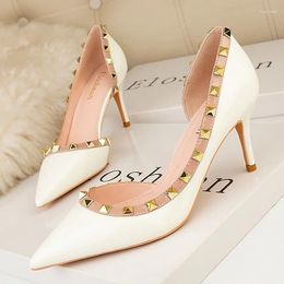 Dress Shoes Women Fashion High Heels Mid Black Red White Sexy Pointed Toe Rivet Pumps Lady Wedding Bridal Bling Sparkly Party