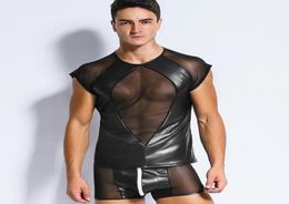 Sexy GAY Men039s Bondage Fetish Black PVC Look Latex T SHIRT TOP SHORT PANT 673019724720