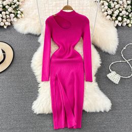 Women Chic Elegant Hollow Out Long Sleeve Split Bodycon Dress Sexy Fashion Knit Vestidos Elastic Slim Hip Wrap Sweater Dress 240402