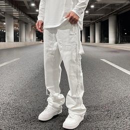 Hip Hop White Straight Ripped Casual Mens Jeans Pants Both Side Tassel Wide Leg Streetwear Denim Trousers Oversized 240311