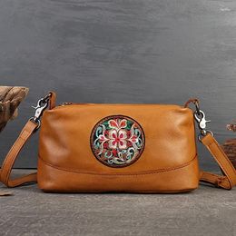 Evening Bags Leisure Cowhide Genuine Leather Embroidery Handbag For Women Fashian Vintage Pillow Messenger Bag Lady Shoulder Brown M955