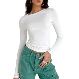 Women's T Shirts 2024 Spring Slim Cropped Tops Solid Colour Round Neck Long Sleeve Show Navel TShirt Y2K Stretch Soft Pullover Basic