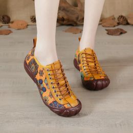 Flats Retro Spring Genuine Leather Shoes For Women Shoes Lace Up Ballet Flats Vintage Floral Loafers Elderly Woman Anti Kick Shoes