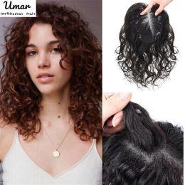 Toppers Women Curly Hair Toppers Breathable Human Hair Wigs Hand Made Swiss Net Natural Lady Clips Topper 13x14cm Curly/Straight Hair