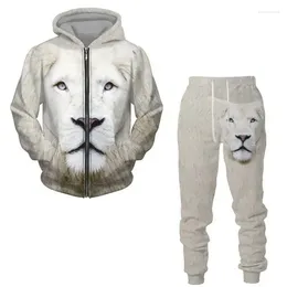Men's Tracksuits Spring And Autumn 3D Printing Animal Lion Zipper Shirt Set For Casual Solid Color Versatile Street Sports Sweater