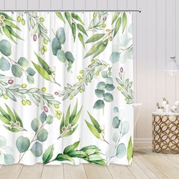 Shower Curtains Green Leaves Curtain Set Watercolour Plants Leaf Berries Hand Painted Art Bathroom Decor Simple Nordic Bath Hooks