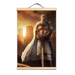 Masonic Knights Templar Scroll Posters with Solid Wood Axis Vintage Crusader Warrior Wall Hanging Painting For Rooms and Offices CD34