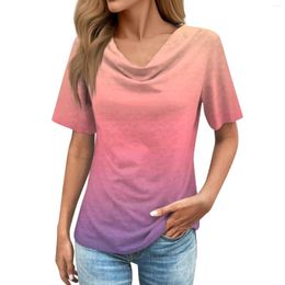 T-shirt da donna 2024 T-shirt con stampa retrò sfumata Estate Manica corta Colletto in pile Top Casual Versatile Streetwear Blusa