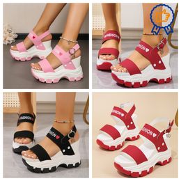 red hearts slope heel thick sole round toe open toe letter one line buckle strap women's GAI PINK women heart designer height increase colorful heigh heel