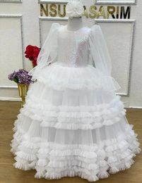 Girl Dresses White Tulle Ball Gown Baby Dress O Neck Long Sleeve Infant First Birthday Party Kid Communion Poshoot