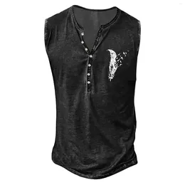 Men's Tank Tops Mens Summer Fashion Retro Old Basic Button Placket Small Print Sleeveless Shirt T Vest Digital Printed Feather