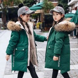 Jackets Winter Girls Long Jacket 5-12 Years Kids Hooded Fur Collar Heavy Coat Big Children Cold Weather Outerwear Parka Snowsuit