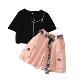 Teenagers Summer Clothing Set for Girls Black Cotton Short Sleeve TShirt Shorts Belt Overalls Clothes Suit 240318