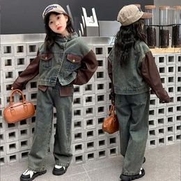 Clothing Sets 2024 Korea Style Girls 2 Pcs Denim Set Coat Wide Pants Good Quality Spring Fashion Suit 5-12t F415