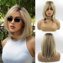Wigs Blonde Wigs for Women Ombre Blonde Short Wig with Bangs Layered Middle Length Synthetic Wig Dark Roots Hair for Daily Party