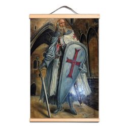 Knights Templar Wall Hanging Flag Vintage Crusades Armor Warrior Wall Art Posters Canvas Scroll Painting Banner For Room Office Home Decoration LZ01