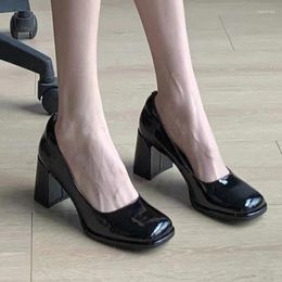 Dress Shoes Patent Leather Women Pumps 2024 Elegan Office Black High Heels Woman Shallow Mouth Square Toe Female