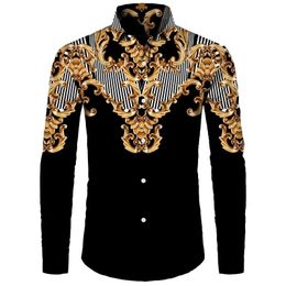 2024 Luxury Golden Flower Chain 3D Printing Mens Long sleeved Leisure Mens Designer Clothing Street Clothing Flip Collar Button Shirt 240323