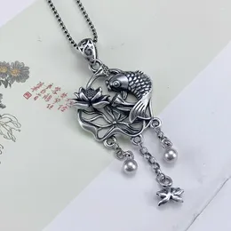 Chains Simplicity 925 Silver Fish-shaped Lotus Flower Tassel Necklace For Women Round Elegant Chinese Style Pendant Classic Jewelry