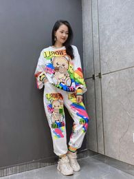 Women's Two Piece Pants Colourful Diamonds Cartoon Bear Sets Womens Outifits Autumn Casual White Tracksuit Tops And Long Ensemble Femme