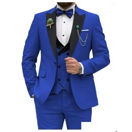 Mens Suits Blazers Royal Blue Men Slim Fit 3 Piece Double Breasted Suit Prom Party Businessblazer Vest Pants Drop Delivery Apparel Clo Dhzbn