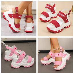 New style slope heel thick sole thick heel round toe open toe letter one line buckle strap women's oversized sandals GAI PINK heart women comfortable