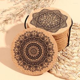 Teaware Sets 12Pcs Mandala Design Round Shape Wooden Coasters With Rack Cork