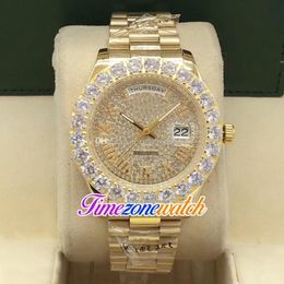 44mm Day Date A2813 Automatic Mens Watch Big Diamond Bezel Gypsophila Dial Rome Markers 18K Yellow Gold Steel Bracelet Watches Tim233P