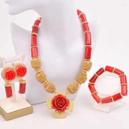 Necklace Earrings Set Fashion African Jewelry Red Flower Coral Nigerian Wedding Bridal