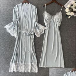 Womens Sleepwear Spring 2 Pieces Women Robe Set y Kimono Bathrobe Gown Lace Patchwork Nightgown Loose Intimate Lingerie Homewear Drop Otp1f