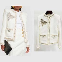 High Quality White Tweed Jacket with Rhinestone Bowknot Luxury Pearl Chain Coats for Women 2024 New Arrivals